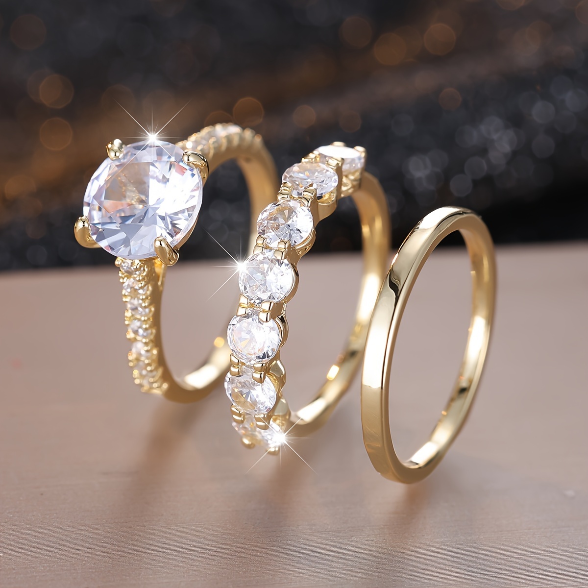 3-Piece Women's Ring Set Four Prong CZ Classic Style Faux Jewelry